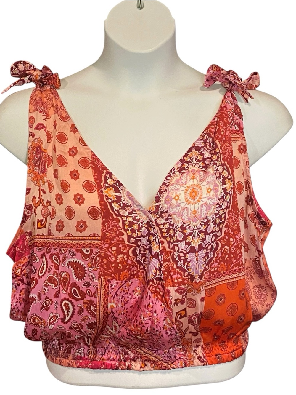 Easel NWT Boho Patchwork Cropped Surplice Sleeveless Top Womens Size Large